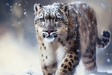 The approach of the snow leopard. Generative AI.