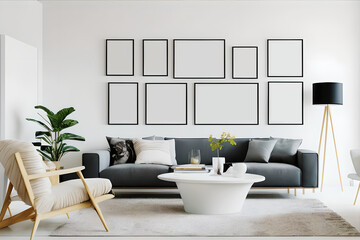 Interior living room, gallery wall poster frames mockup in white room with wooden furniture and lots of green plants.