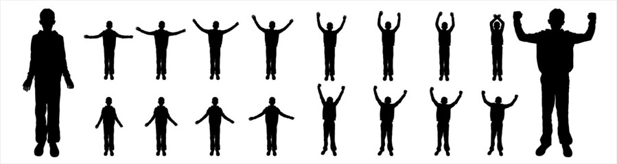 Teenage boy with arms raised high. A boy is happy. A boy raised his hands or lowered his hands. Sport. Physical exercise. Looking at the camera. Teenager's silhouettes in black color isolated on white