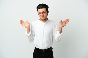 Fototapeta premium Russian Business man isolated on white background having doubts while raising hands