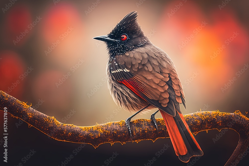 Poster bokeh backdrop and close-up of a red-vented bulbul sitting on a tree limb generative ai