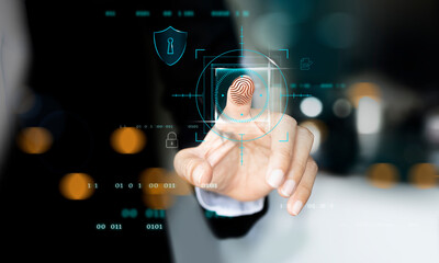 Fingerprint scanning and biometric authentication, processing of biometric for access personal data. surveillance and security scanning of digital programs cyber futuristic applications