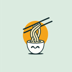 Noodles in bowl with chopsticks icon. Vector illustration.