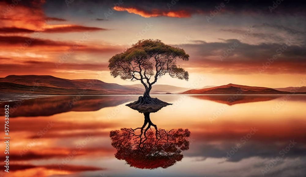 Poster a lonely tree with its reflection on the water. tranquility, calm, serenity concept. created with ge