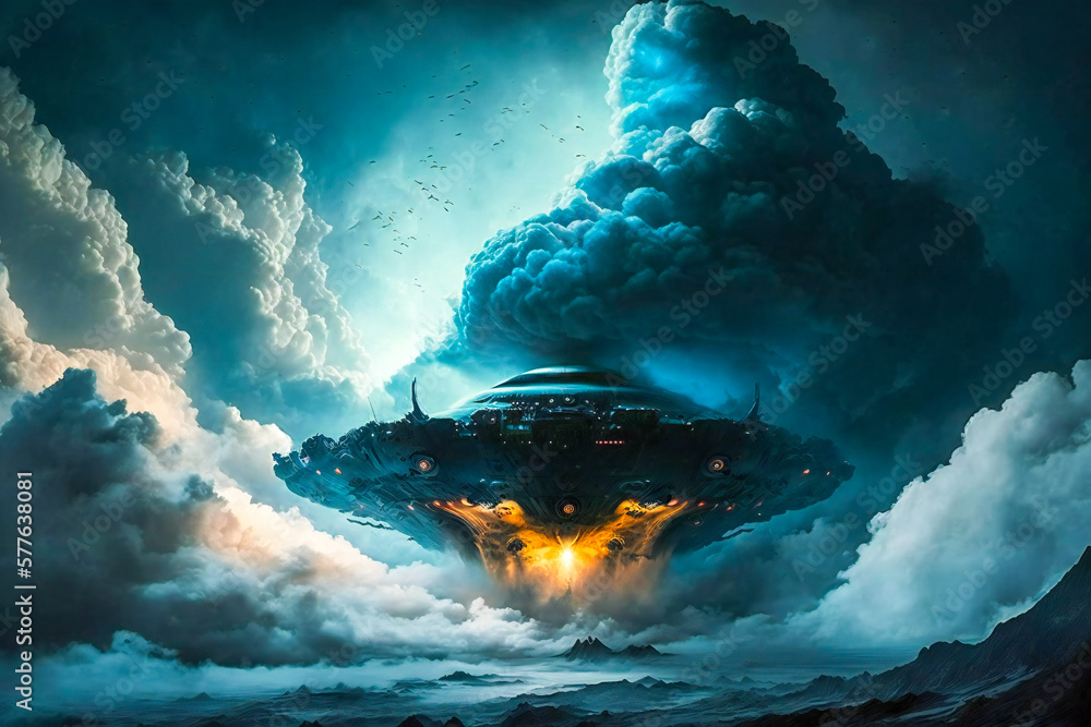 Poster giant alien space ship surrounded by clouds. created with generative ai technology.