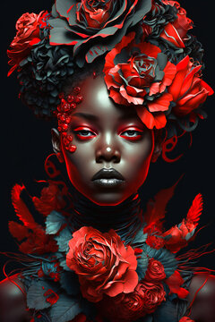 A graphical illustration of a beautiful elegant black young woman wearing black and red, floral fashion style with big red flowers. Created with Generative AI technology.