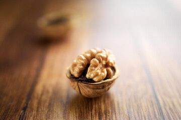 Chopped walnuts on a wooden table