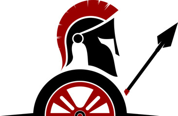 Spartan helmet with car tire and spear
