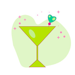 Green glass of martini with heart. Summer mood.