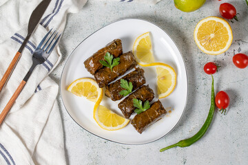 Leaf wrapping or dolmades appetizer a mediterranean cuisi of stuffed vine leaves. Yaprak sarma. Turkish appetizer varieties. Top view