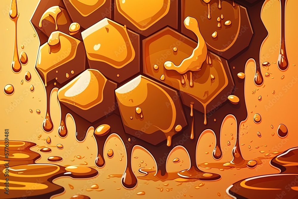 Poster a magnified view of honey falling from the honeycombs of a hive frame generative ai