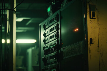 Obraz premium Machines and cables fill a server room, their organization and orderliness in contrast to the digital chaos that they contain. Generative AI
