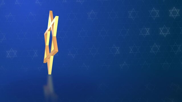 Golden Star of David is Jewish symbol of Israel. Rotation hexagonal symbol with reflection. Blue abstract animated background.