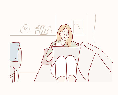  happy lady sit couch hold cup look laptop good mood indoors inside house. Hand drawn style vector design illustrations.