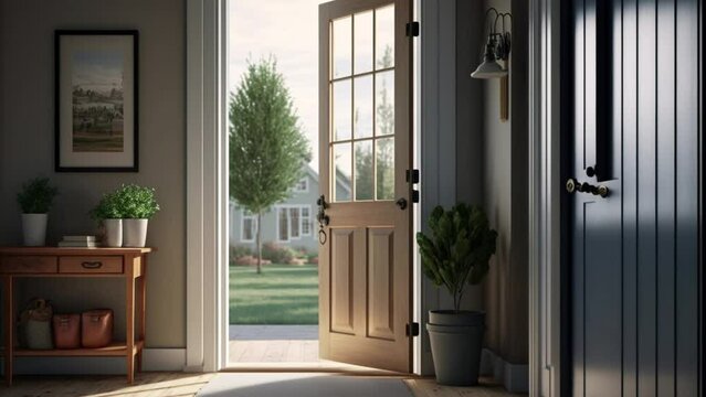 living room interior view and open door, front view