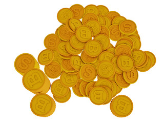 Money coins and tokens piled and stacked on isolated background 3D render illustration