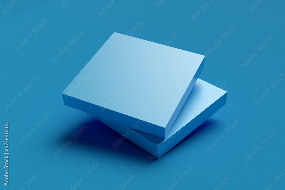 Poster two square blocks levitating on blue background. modern background design with geometric shapes.