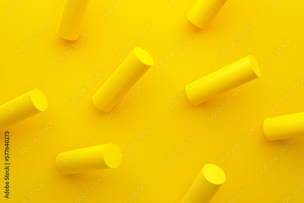 Poster levitating cylinders on yellow background. abstract 3d rendering of geometric shapes. minimalistic b