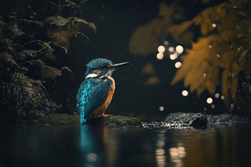 The colorful plumage of a kingfisher bird catches the eye as it perches near the shore of a peaceful lake, ready to dive for its next meal. Generative AI