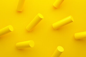 Levitating cylinders on yellow background. Abstract 3d rendering of geometric shapes. Minimalistic background with cylinders.