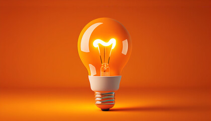 Glowing light bulb on orange background. Generative Ai