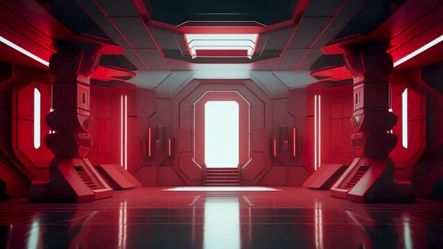 Empty light red studio room futuristic sci fi big hall room with lights red, future background for design
