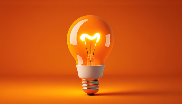 Glowing light bulb on orange background. Generative Ai