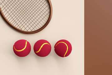 Three viva magenta colored tennis balls and a brown tennis racket on brown background. Abstract 3D rendering.