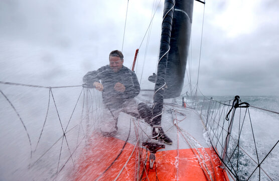 Onboard the IMOCA Racing Hugo Boss during a training session before the Vendee Globe in the English Channel.