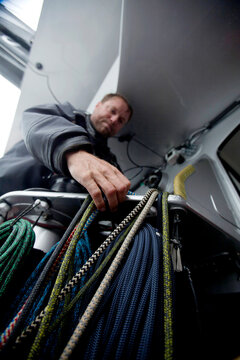 Onboard the IMOCA Racing Hugo Boss during a training session before the Vendee Globe in the English Channel.