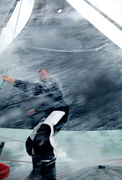 Onboard the IMOCA Racing Hugo Boss during a training session before the Vendee Globe in the English Channel.