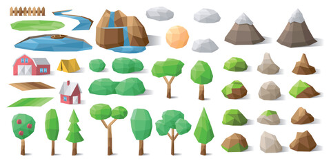 Polygonal landscape constructor icons set. Trees, mountains, hills, waterfall, river, lake, clouds and sun. Low poly vector illustration. Creator kit. Cute scene maker. - obrazy, fototapety, plakaty