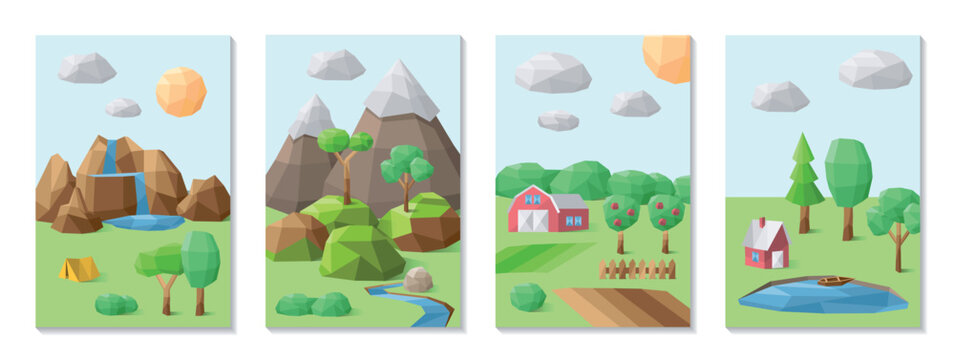 Abstract polygonal green landscape. Vector illustration, low poly style. Background design for banner, poster, flyer, cover, brochure.