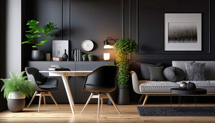 Modern black style interior design idea. Living room. Concept for designers and architects. Generative AI