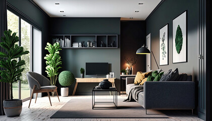 Fototapeta premium Modern black style interior design idea. Living room. Concept for designers and architects. Generative AI