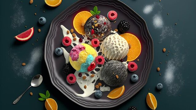 fruit and ice cream in plate. top view