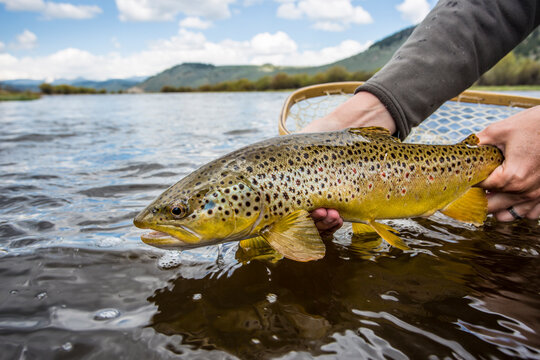 Brown trout release on Montana's Big Hole River.