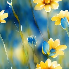 Seamless watercolor blue and yellow flower pattern, created with generative ai technology
