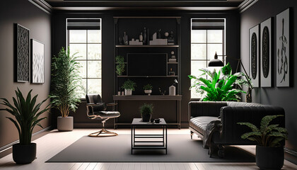 Modern black style interior design idea. Living room. Concept for designers and architects. Generative AI