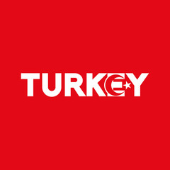 Turkey text lettering design with flag illustration on letter E. Turkey word with flag design. Turkey flag.