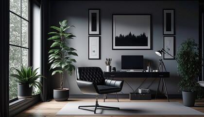 Fototapeta na wymiar Modern black style interior design idea. Living room. Concept for designers and architects. Generative AI