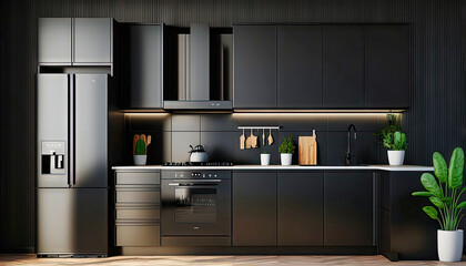 Modern kitchen design, interior design. Just black.  For designers and architects. Graphics for a blog or article.