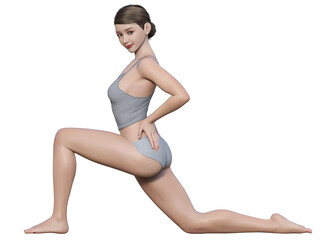 片膝立ちでヨガポーズをする女性 ナチュラルな日本人3Dモデルの全身横向きのイラスト
