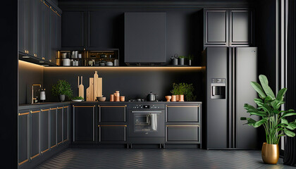 Modern kitchen design, interior design. Just black.  For designers and architects. Graphics for a blog or article. Generative AI