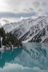snow covered mountains and lake