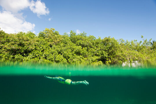 Over and under shot of a swimmer in the water at Tulum, Mexico.