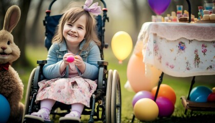 Obraz na płótnie Canvas a little white girl with disabilities sits in a wheelchair and smiles in a park filled with easter eggs and bunnies, Generative AI
