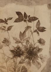 Floral abstract background. Herbarium ecoprint leaves, botanical printmaking. Generative AI