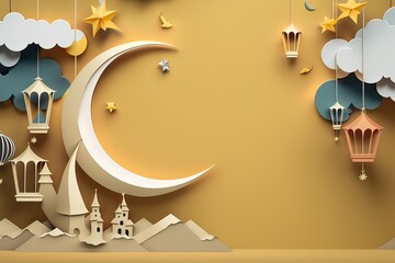 Paper craft origami design for Eid Mubarak Ramadan background with clouds, lanterns, moon and star. Photo generative AI