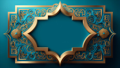 Eid mubarak with elegant aqua blue arabesque ornamental background, Generative AI